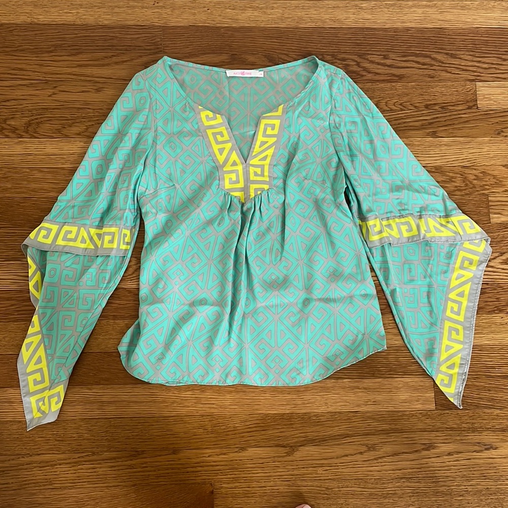 Alice & Trixie silk blouse in teal, grey and yellow with flowy sleeves